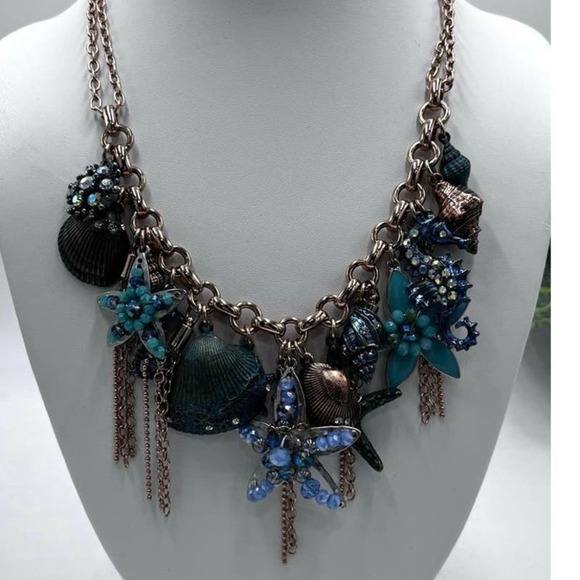 Copper Blue Beach Seashell Starfish Dangle Charms Bib Necklace - Picture 2 of 14